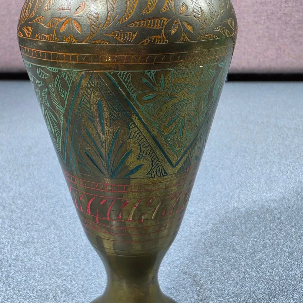 Colored Etched Brass Bud Vase Excellent Enamel‎ Detail